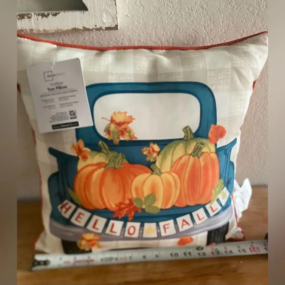 Hello Fall Farmhouse Truck Print Outdoor Toss Throw Pillow 16x16 Seasonal Decor